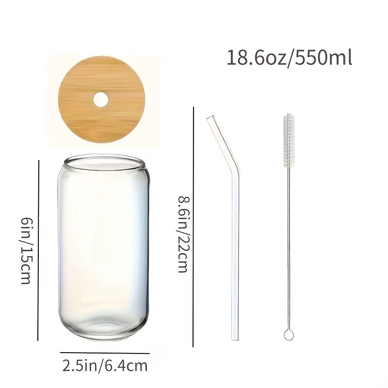 4-Piece 18.6oz/550ml Glass Cups with Bamboo Lids & Glass Straws