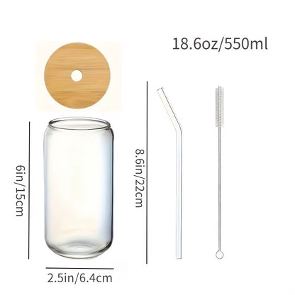 4-Piece 18.6oz/550ml Glass Cups with Bamboo Lids & Glass Straws