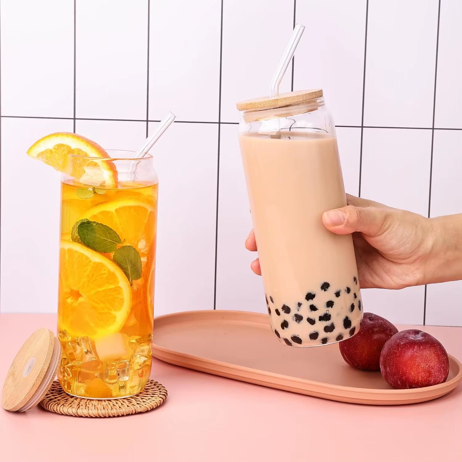 4-Piece 18.6oz/550ml Glass Cups with Bamboo Lids & Glass Straws