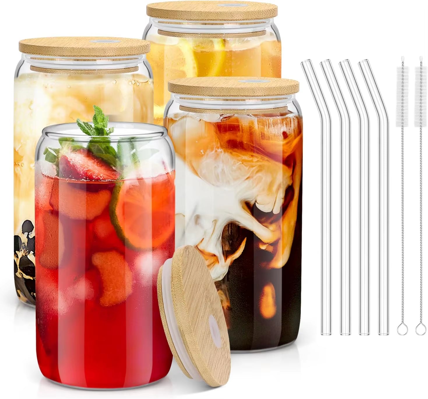 4-Piece 18.6oz/550ml Glass Cups with Bamboo Lids & Glass Straws